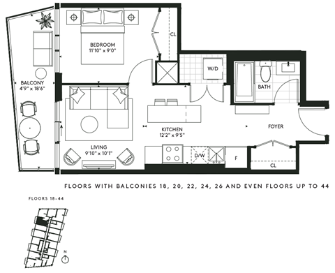 Floor plan for 1 bed, 1 bath, 530 sqft